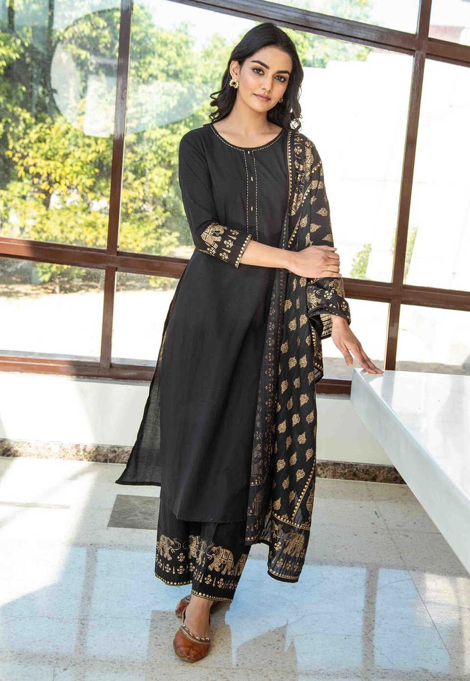 Buy Golden Printed Pure Cotton Pakistani Suit in Black Online ...