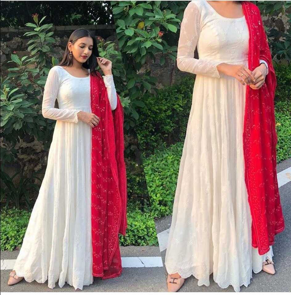 Buy Good Quality of New Party White with Red Anarkali And Duppata ...