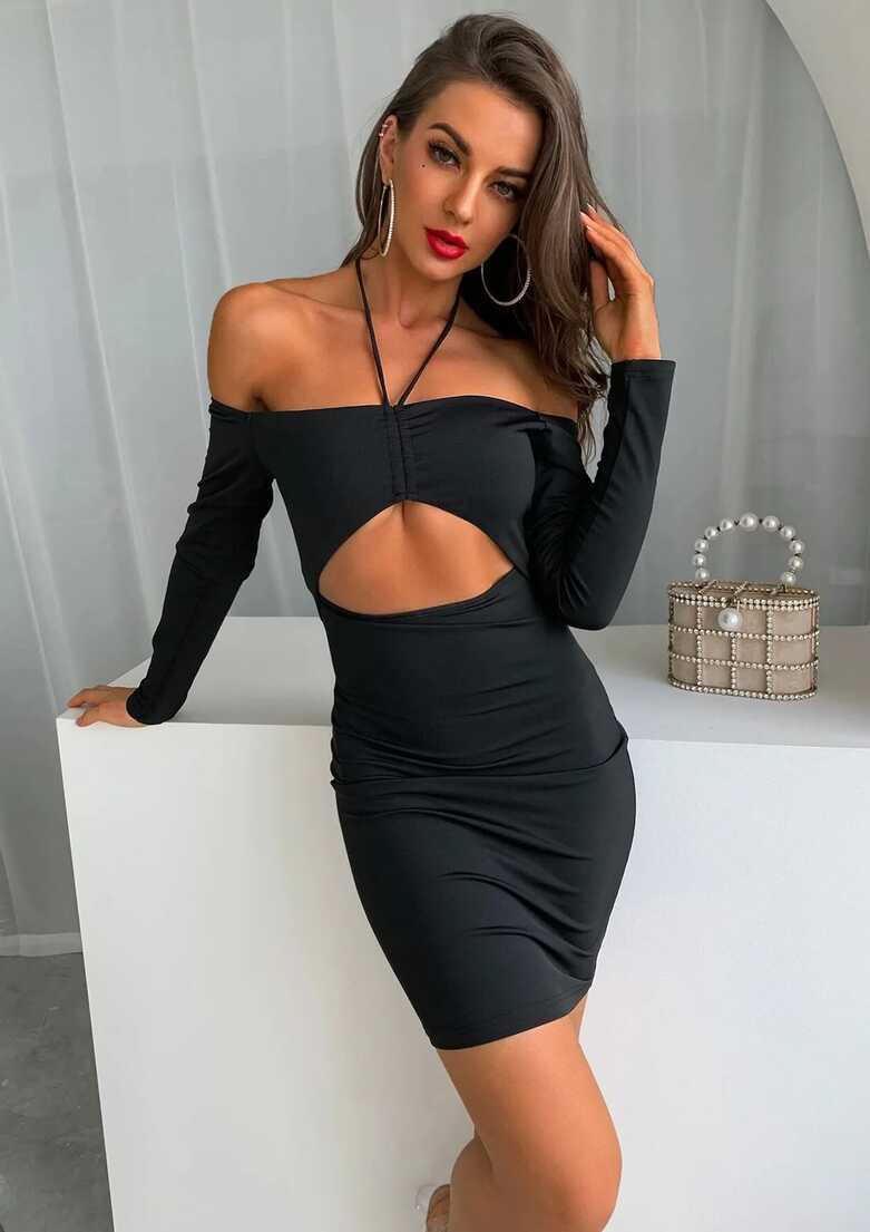 Buy HALTER NECK ELEGANT BLACK SHORT BODYCON DRESS for Women Online ...