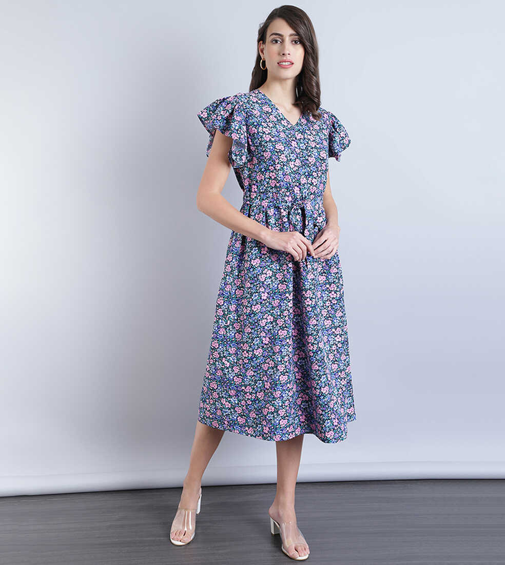 Buy HIS &amp; HERS Floral Print Knee Length Dress In Blue | 6thStreet ...