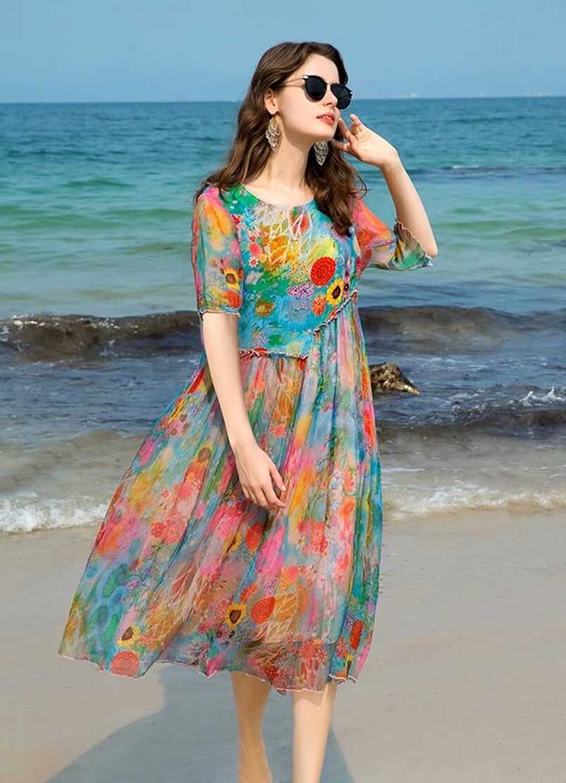 Buy HangErFeng Women Summer Casual Silk Floral Print Midi Dress ...