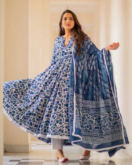 Buy Indian Clothing Malishka Women&#39;s Blue Cotton Flared Floral ...