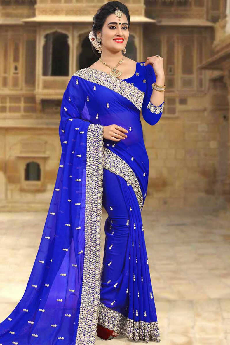 Buy Indian Dress Saree Royal Blue Georgette Latest Sarees U Neck ...