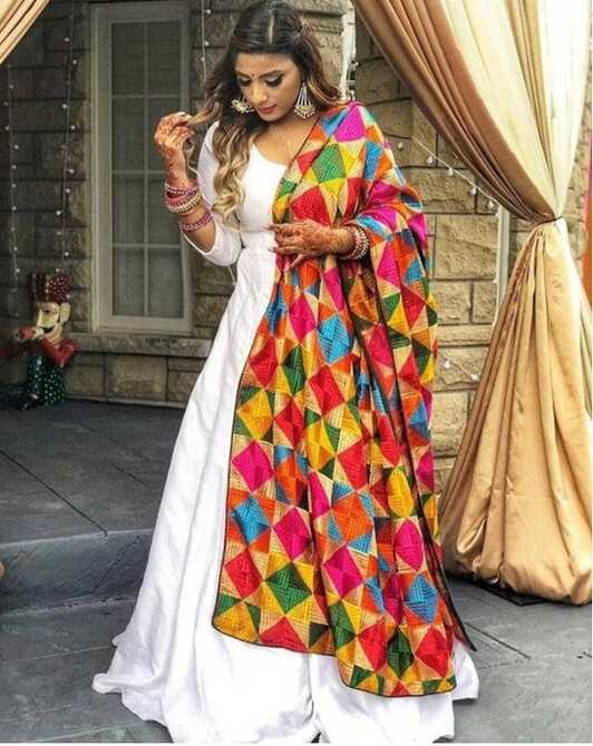 Buy Indian White Flared Gown Suit With Phulkari Dupatta Punjabi ...