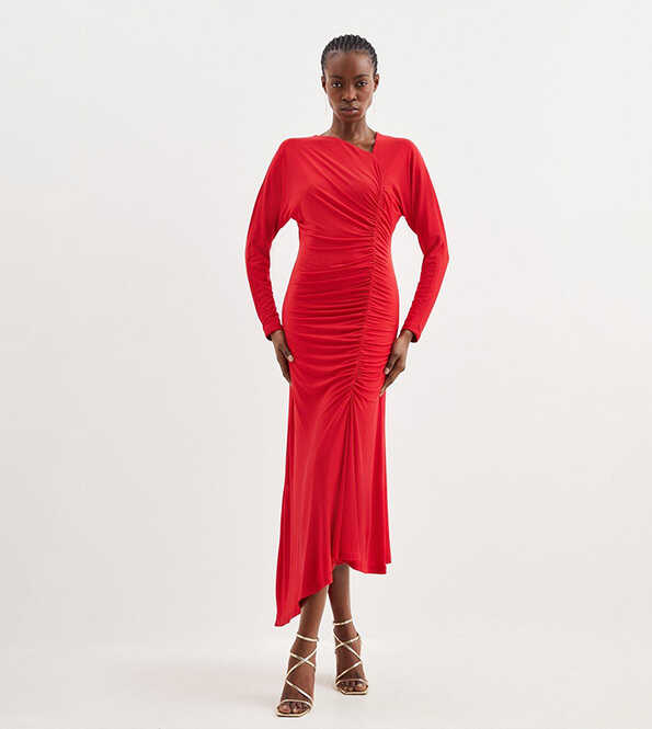 Buy Karen Millen Jersey Crepe Ruched Long Sleeve Maxi Dress In Red ...