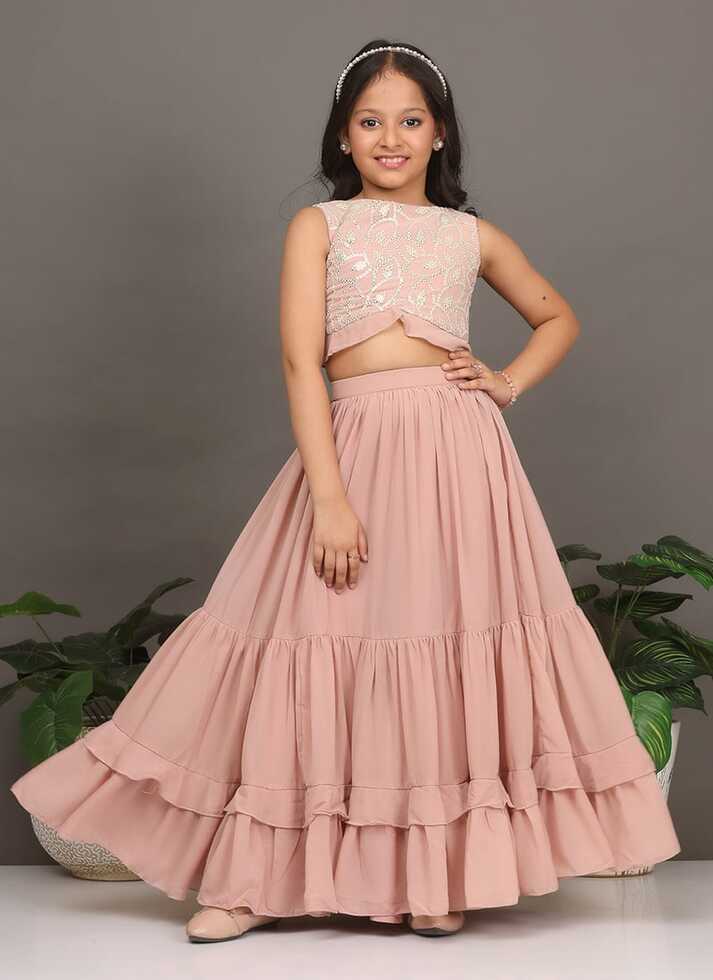 Buy Kids Girls Pink Embroidered Crop Top N Skirt Party Wear Online ...