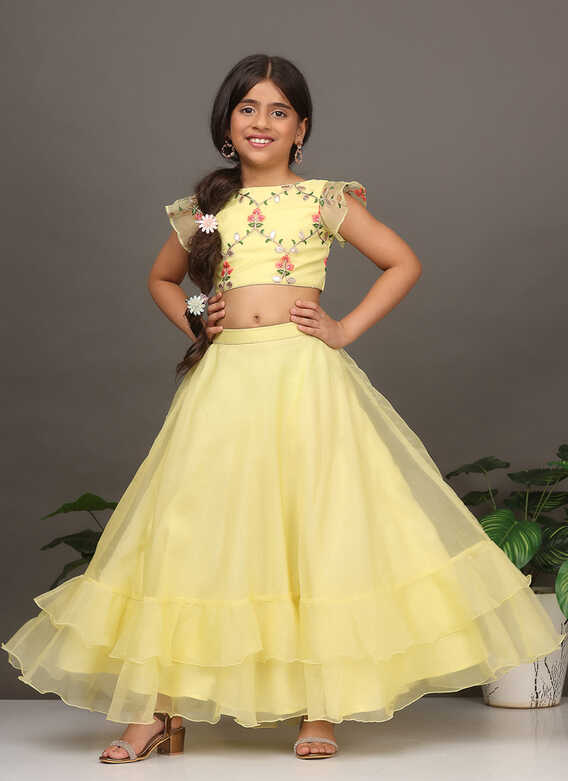 Buy Kids Girls Yellow Embroidered Crop Top N Skirt Set Festive ...