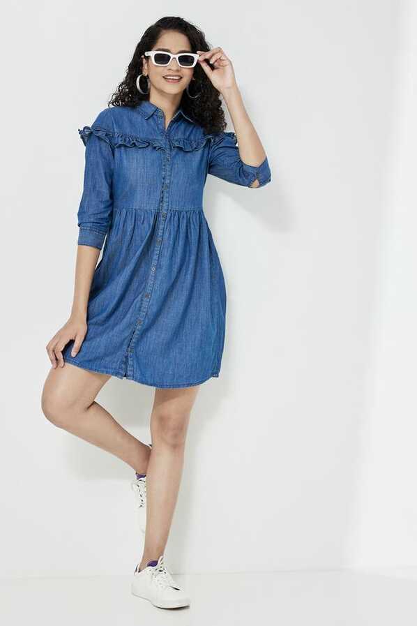 Buy LIFE Blue Solid Collar Neck Denim Women&#39;s Knee Length Dress ...