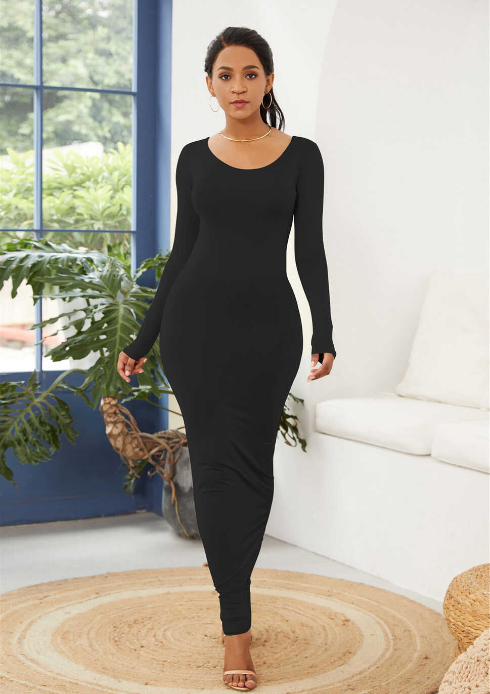 Buy LONG SOLID BLACK CASUAL BODYCON DRESS for Women Online in India