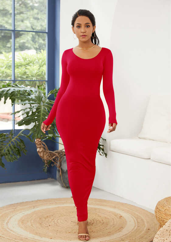 Buy LONG SOLID RED CASUAL BODYCON DRESS for Women Online in India