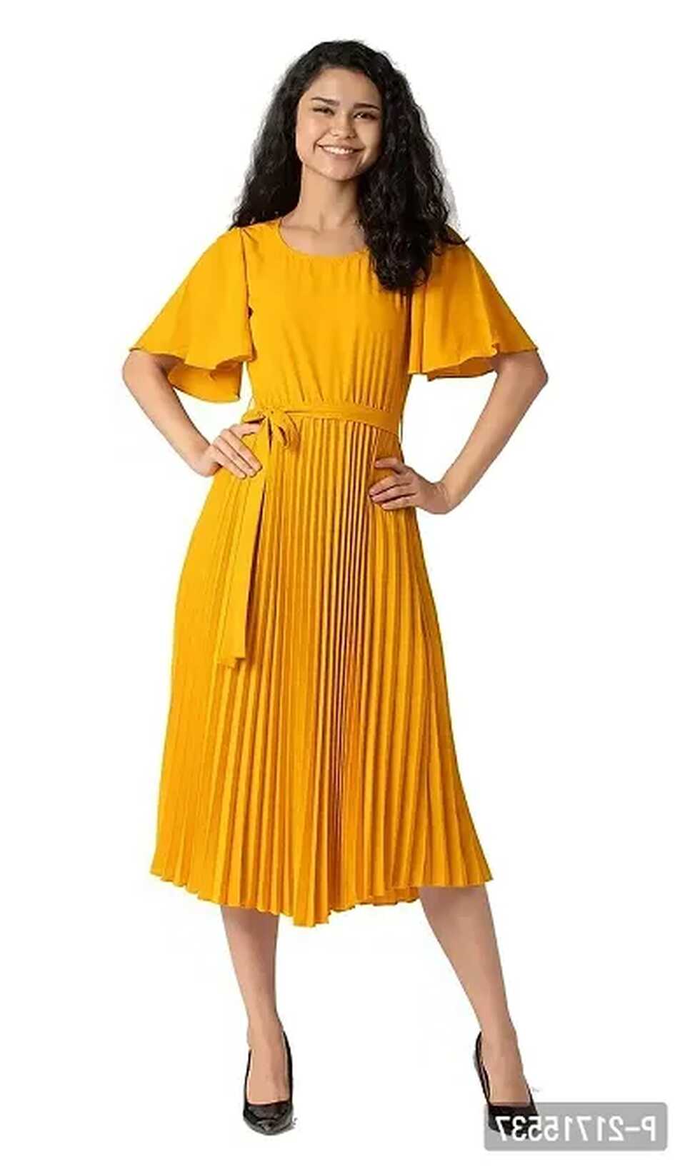 Buy Lebeauti Women&#39;s Crepe Pleated Bell Sleeves With Belt Knee ...