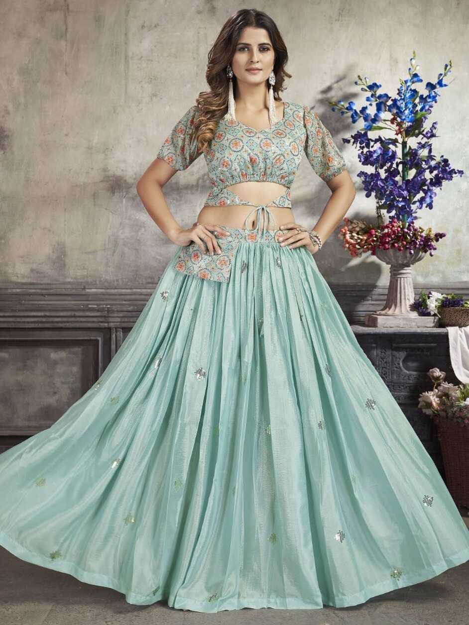 Buy Light Green Sequined Silk Ready-To-Wear Crop-Top Lehenga from ...