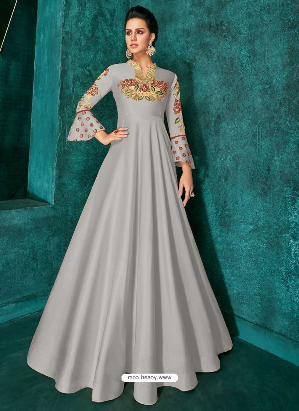 Buy Light Grey Heavy Embroidered Designer Gown For Girls | Gowns