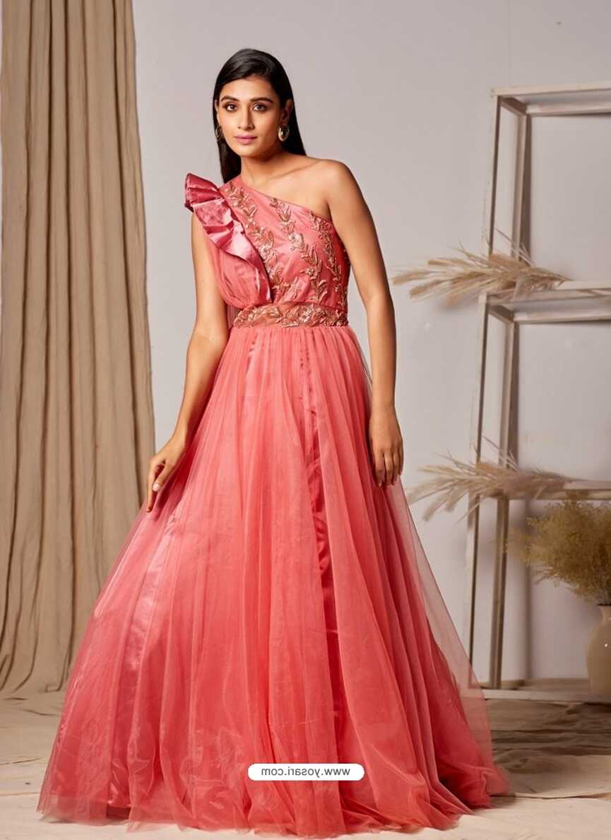 Buy Light Red Readymade Fancy Designer Party Wear Net Gown | Gowns