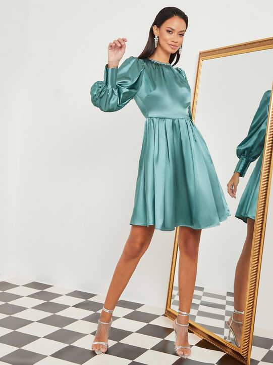 Buy Long Sleeves Round Neck Satin A-Line Knee Length Dress Green ...