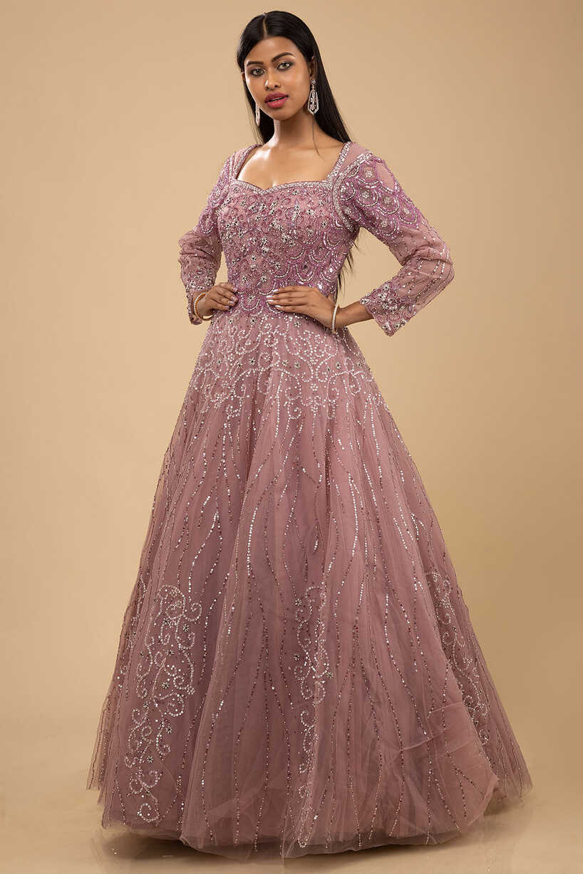 Buy Mauve Pink Sequins Embroidered Net Evening Gown Online | Samyakk