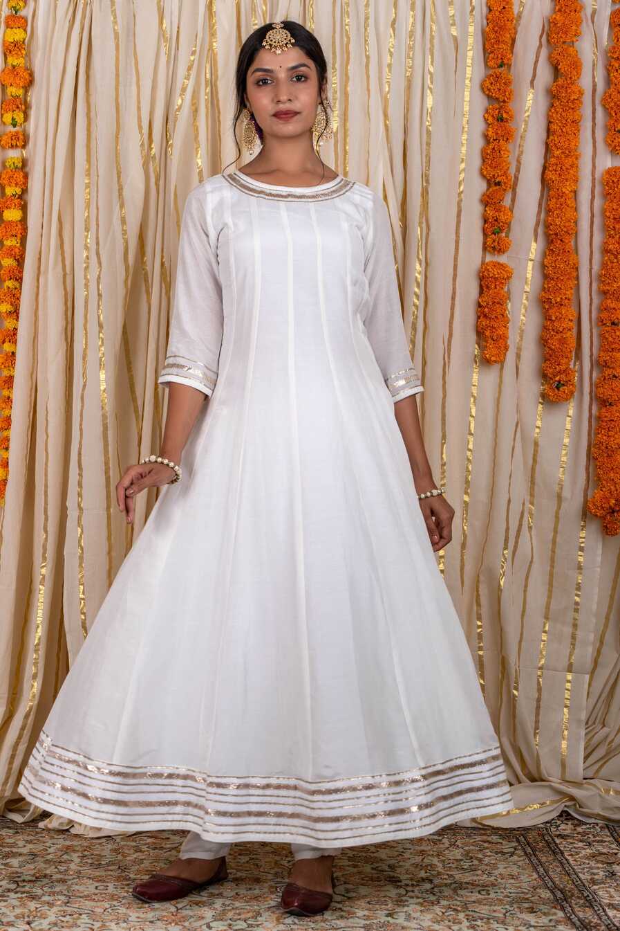 Buy Milky White Muslin Silk Anarkali Kurta Pant Set-KS232