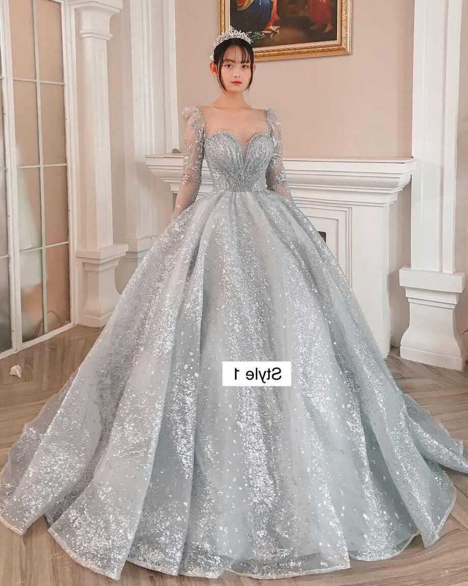 Buy Modern Sparkly Grey/silver Long or Cap Sleeves Ball Gown ...