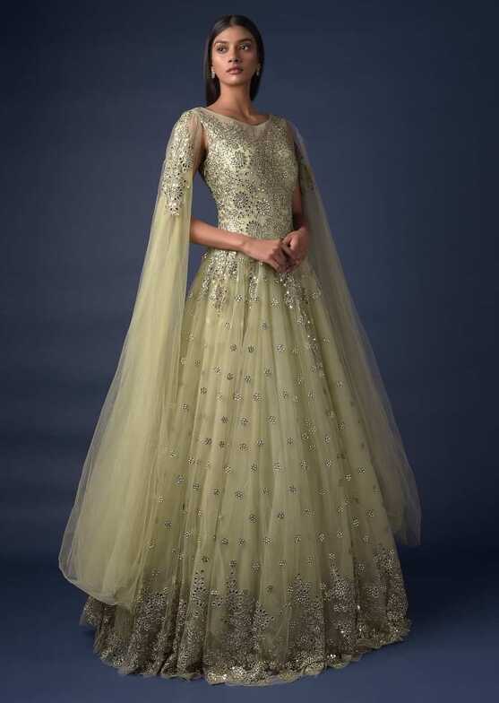 Buy Nature Green Ball Gown In Net With Extended Floor Length ...