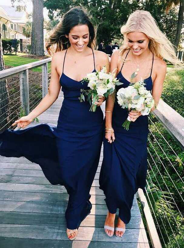 Buy Navy Blue Chiffon V-neck Spaghetti Straps Long Sheath ...