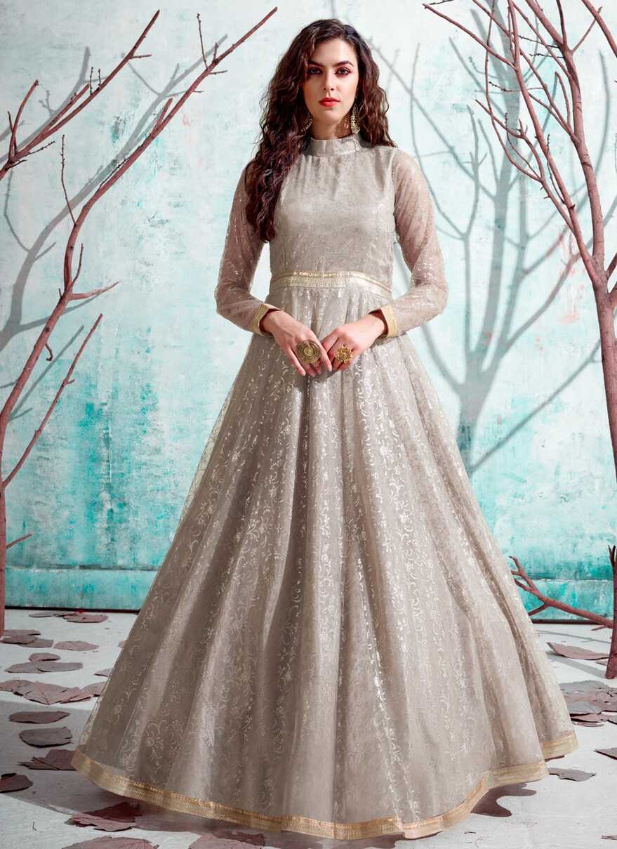 Buy Net Beige Fancy Designer Gown Online