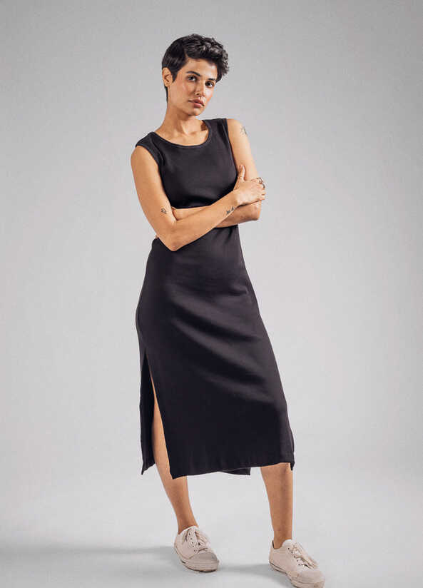 Buy No Nasties Ribbed Black Organic Cotton Midi Dress For Women Online