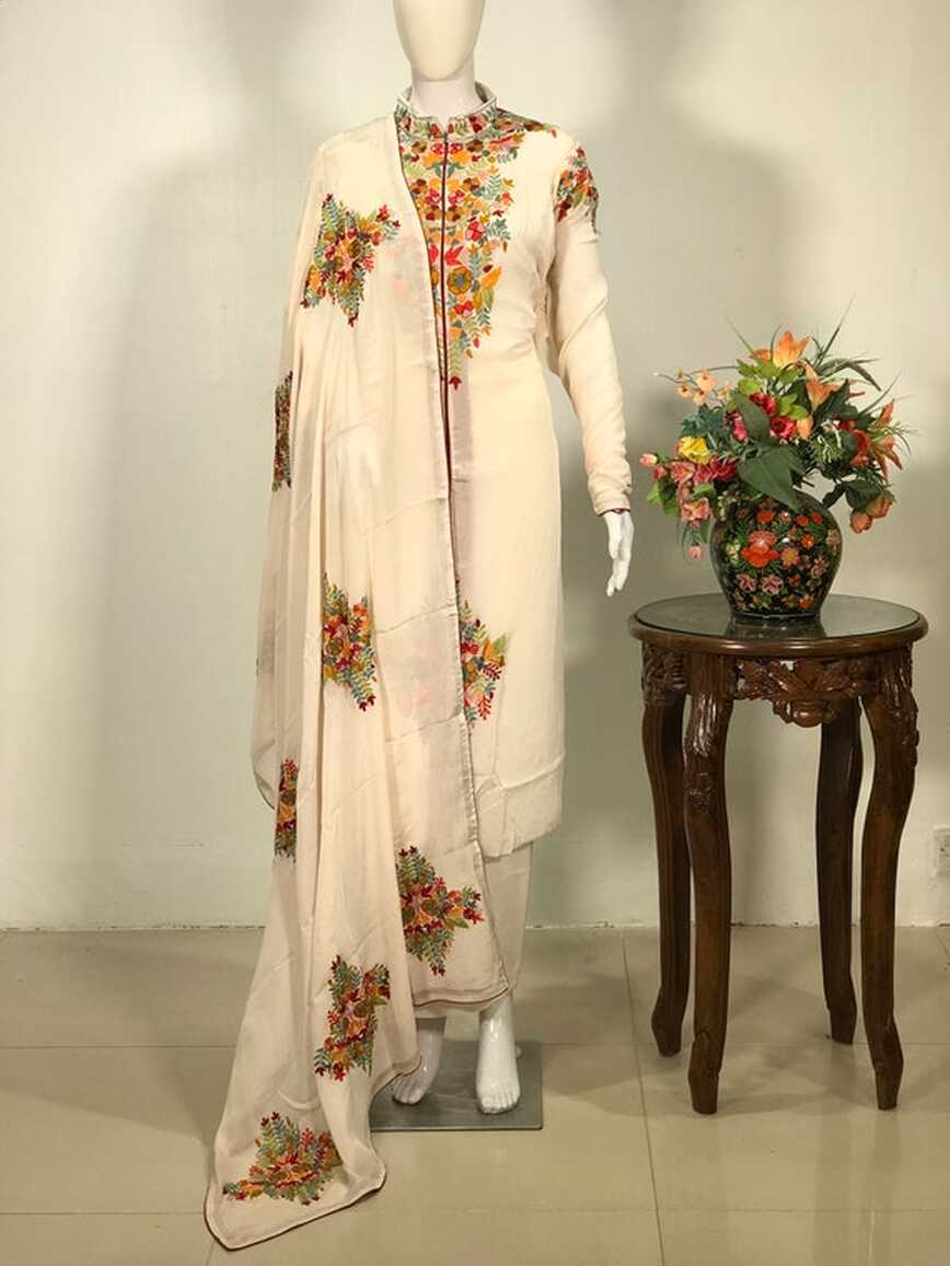 Buy Off White Achkan Style Kashmiri Embroidered Suit, Designer ...