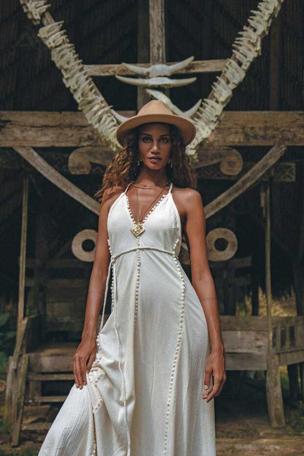 Buy Off White Beach Dress Bohemian Tassels Wedding Dress Simple ...