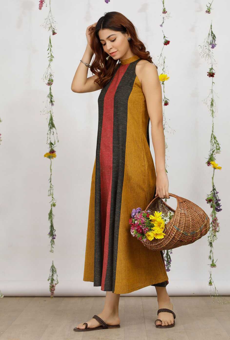 Buy Olive Khadi Cotton Flared Halter Neck Sleeveless Dress Online ...