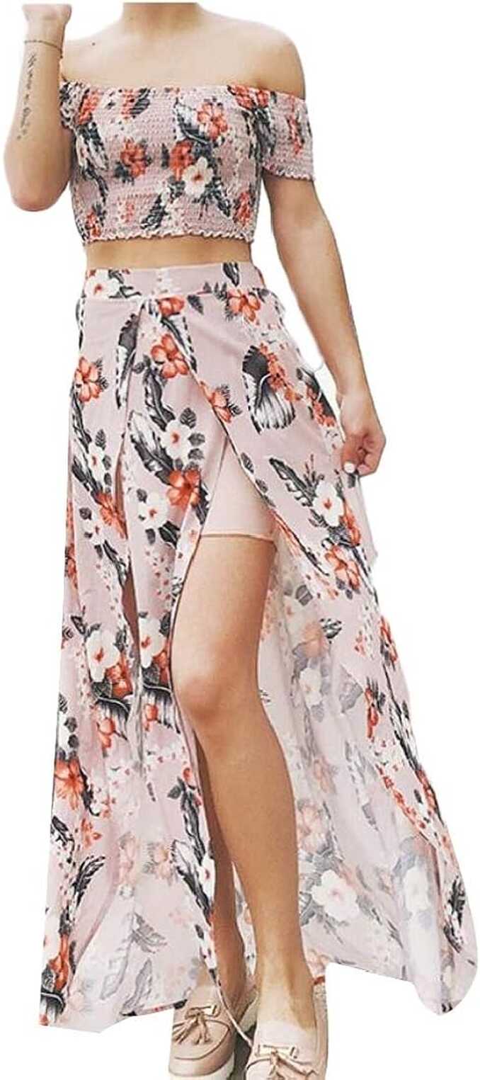 Buy OneTwoTG Women&#39;s Floral 2 Piece Crop Top Split Maxi Skirt Set ...