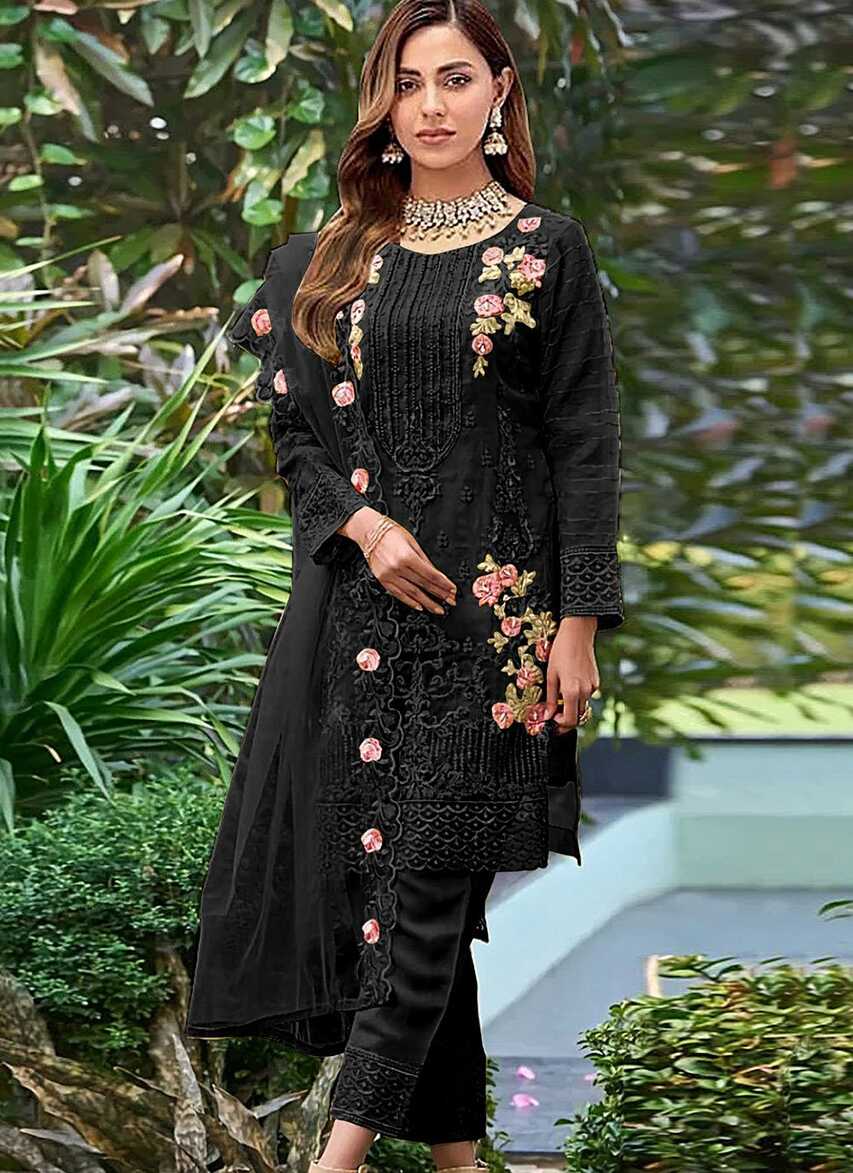 Buy Online Embroidered work Black color Organza fabric Embroidered ...