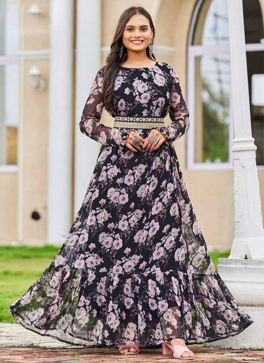 Buy Online Printed Georgette Gown in Black : 269418 -