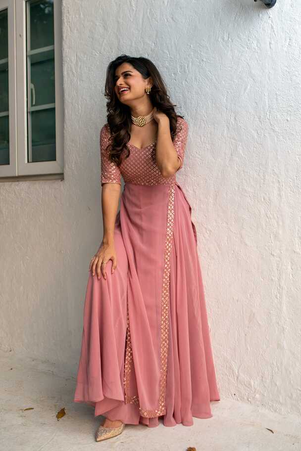 Buy Online in India | Dusty Pink Sequin Pannel Long Dress | Label ...