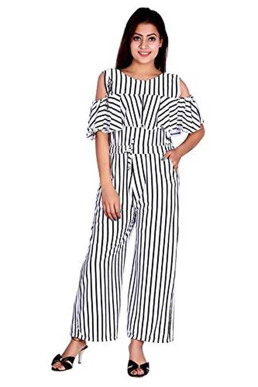 Buy Oriex Girls Polycotton Shoulder ruffle striped jumpsuit Black ...