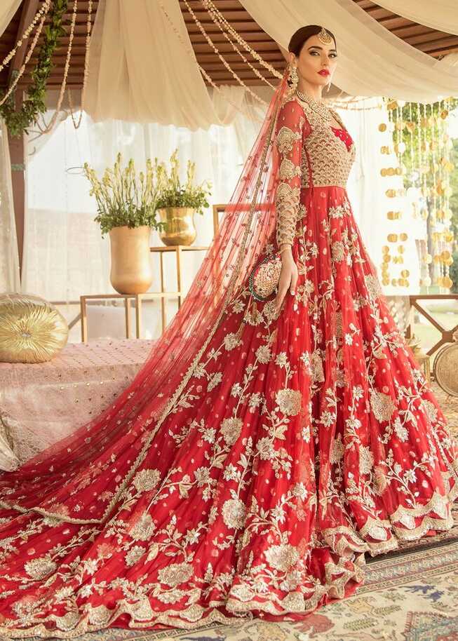 Buy Pakistani Bridal Dresses-Long Trail Frock for Wedding in Red ...