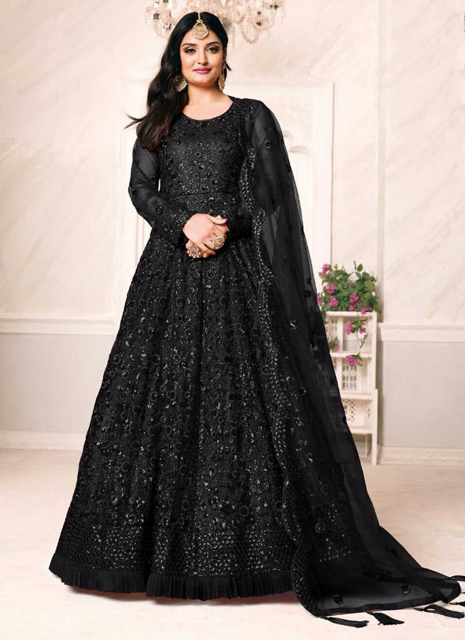 Buy Party Wear Black Net Sequins Work Anarkali Suit Online