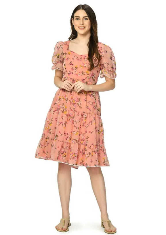 Buy Pink Floral Tiered Maternity &amp; Nursing Knee- Length Dress