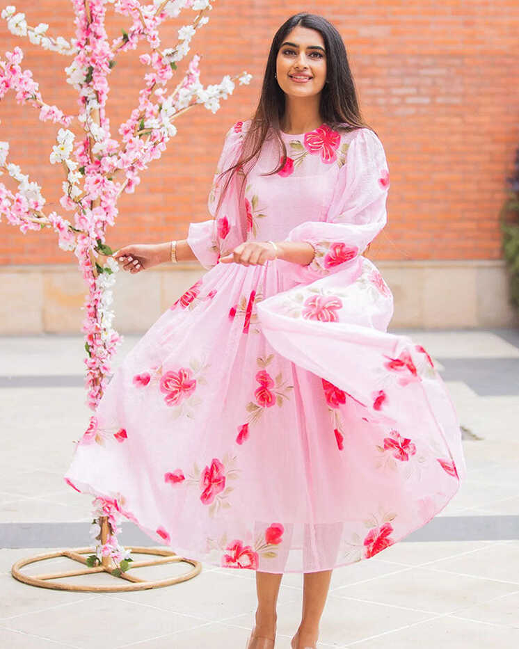 Buy Pink Peony Handpainted Doria Dress Online in India