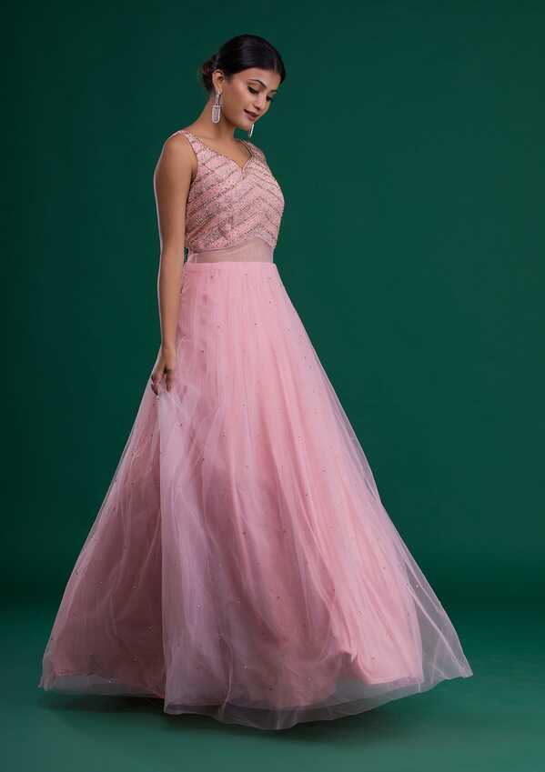 Buy Pink Stonework Net Designer Gown - Koskii