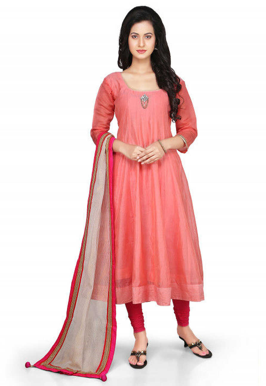 Buy Plain Chanderi Silk Anarkali Suit in Peach Online : KJN1901 ...