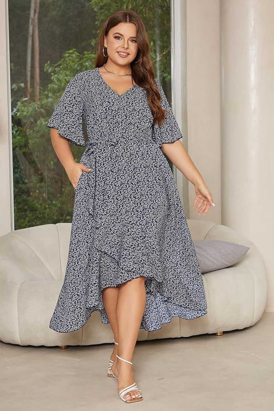 Buy Plus Size Women Spring Floral Casual Tiered Maxi Party Dress ...