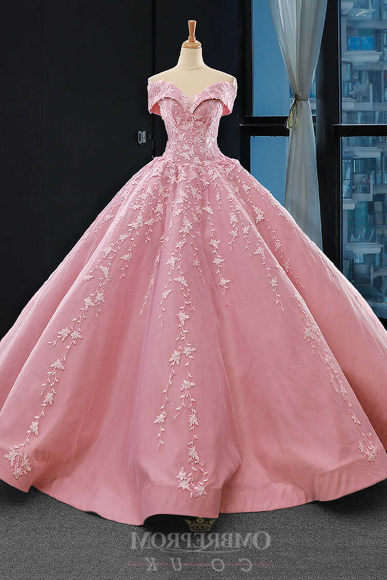 Buy Princess Pink Ball Gown Off-the-Shoulder Appliques Prom Dress ...