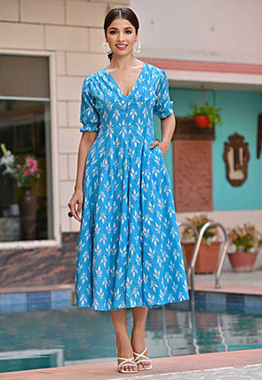 Buy Printed Cotton Dress in Sky Blue Online : TXG47 - Utsav Fashion