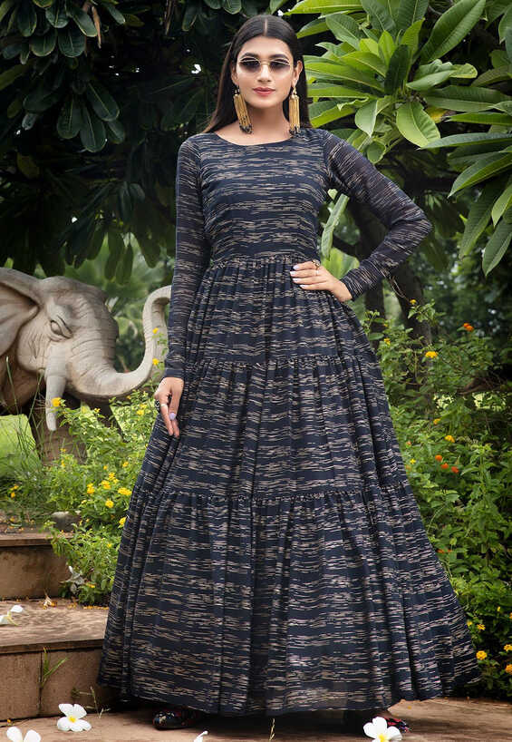 Buy Printed Georgette Tiered Gown in Navy Blue Online : TBZ10 ...