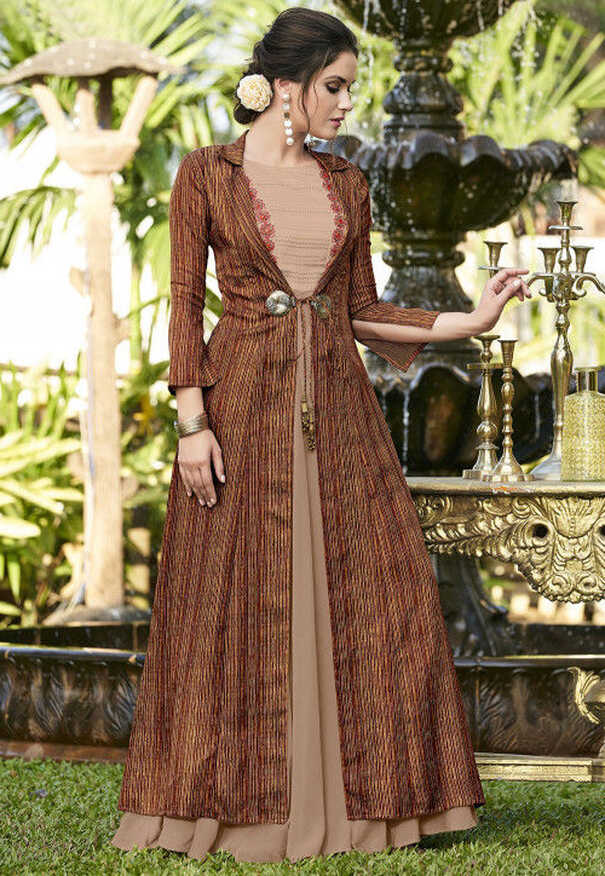 Buy Printed Linen Cotton Jacket Style Gown in Peach and Brown ...