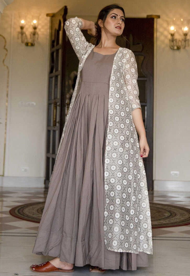 Buy Printed Muslin Cotton Gown in Grey and Off White Online ...