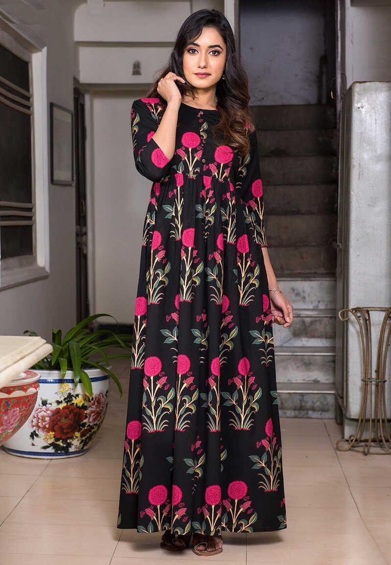 Buy Printed Muslin Cotton Maxi Dress in Black Online : TKL127 ...