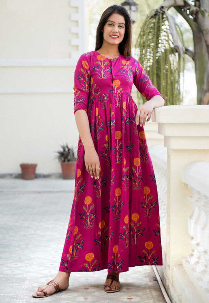 Buy Printed Muslin Cotton Maxi Dress in Fuchsia Online : TKL126 ...