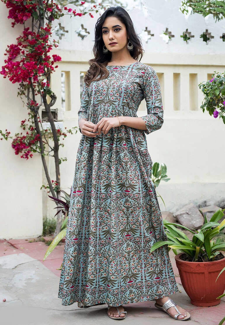 Buy Printed Muslin Cotton Maxi Dress in Light Blue Online : TKL129 ...