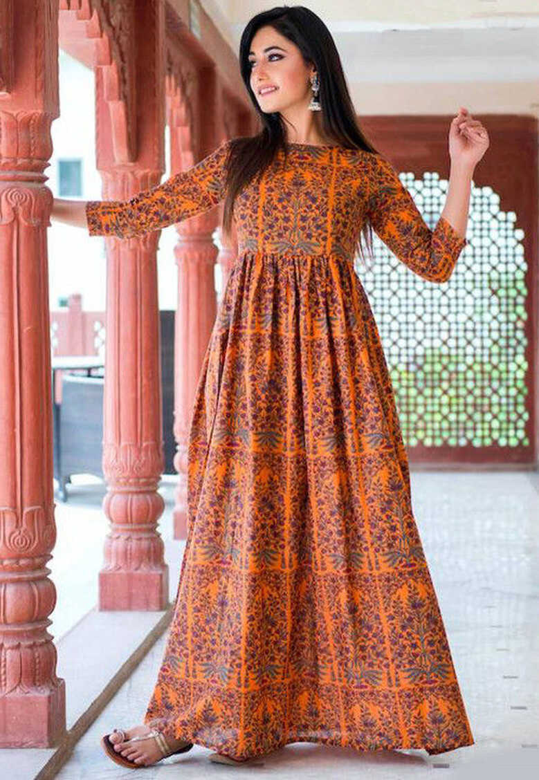 Buy Printed Muslin Cotton Maxi Dress in Orange Online : TKL130 ...